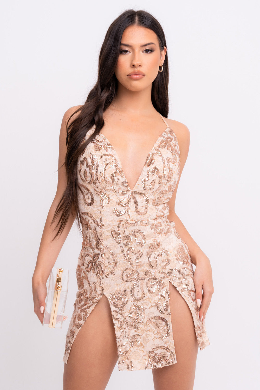 Invite Only Rose Gold Nude Plunge Lace Floral Sequin Double Thigh Slit Mini Dress