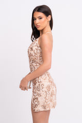 Invite Only Rose Gold Nude Plunge Lace Floral Sequin Double Thigh Slit Mini Dress