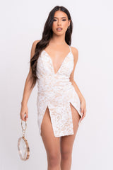 Invite Only White Nude Plunge Lace Floral Sequin Double Thigh Slit Mini Dress