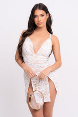 Invite Only White Nude Plunge Lace Floral Sequin Double Thigh Slit Mini Dress