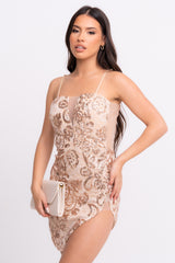 ﻿Cupid Rose Gold Luxe Floral Sequin Lace Plunge Bodycon Mini Asymmetric Curve Slit Dress
