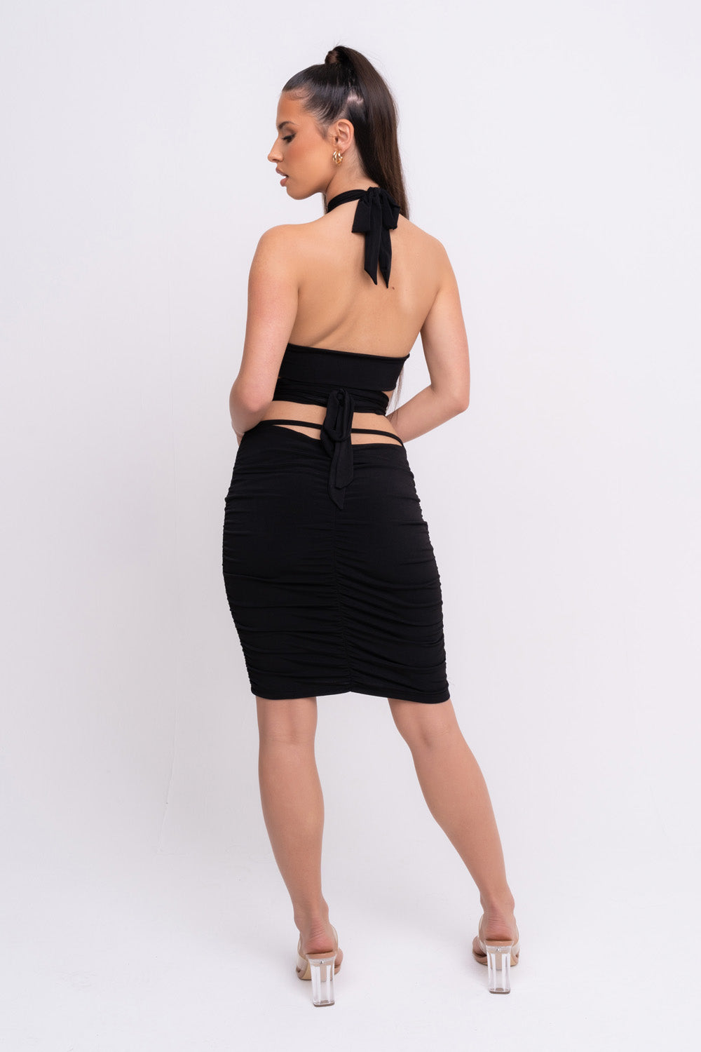 Best Assets Black Slinky Ruched Halterneck Tie Back Two Piece Co-ord Set