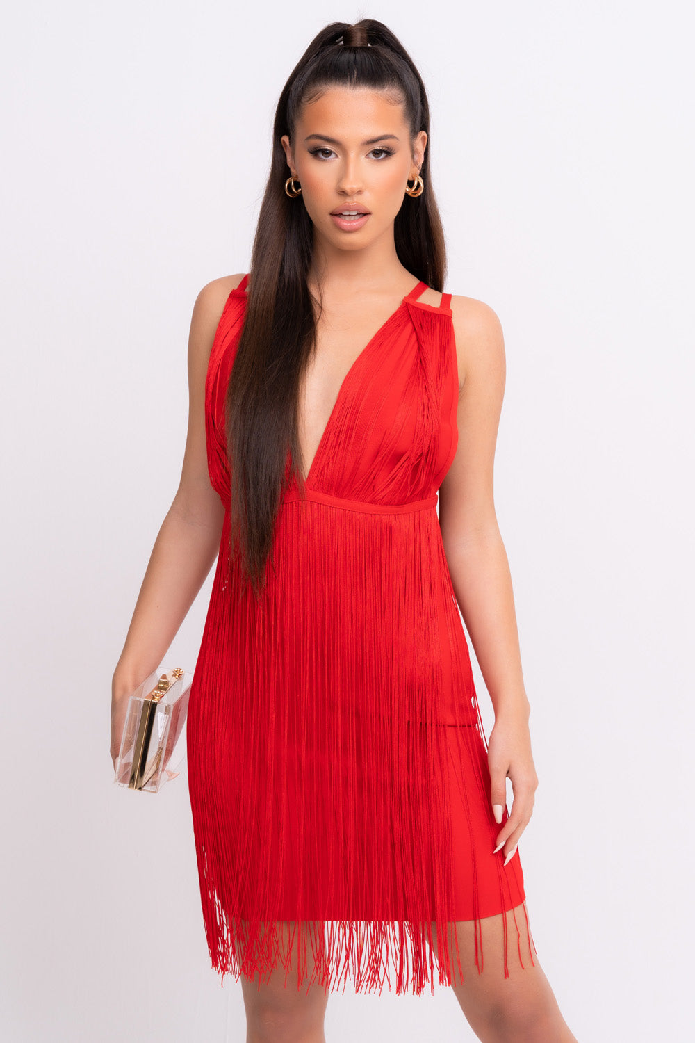 Sienna VIP Luxe Red Tassel Fringe Bandage Bodycon Dress