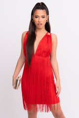 Sienna VIP Luxe Red Tassel Fringe Bandage Bodycon Dress