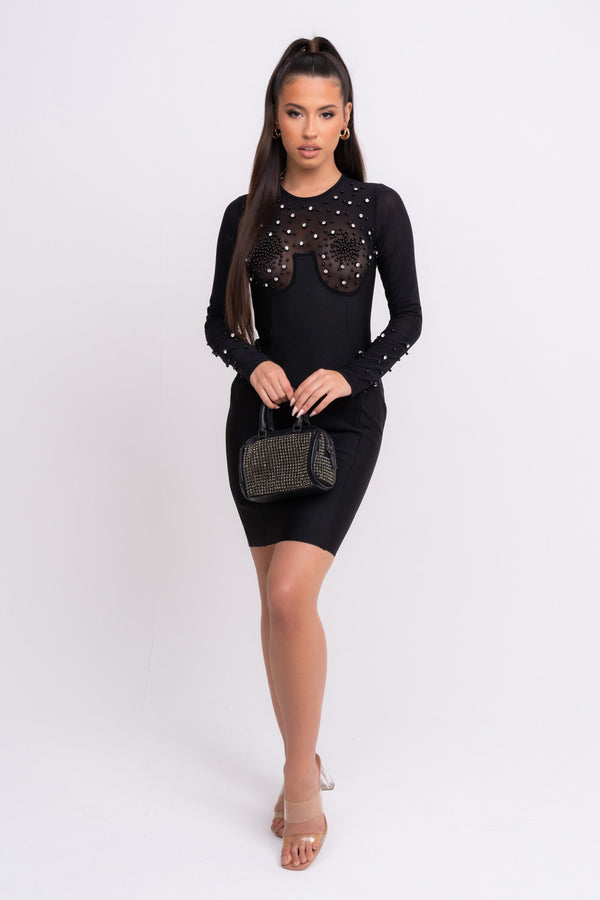 Liberty Black Sheer Neckline Diamante Bandage Long-sleeve Bodycon Dress