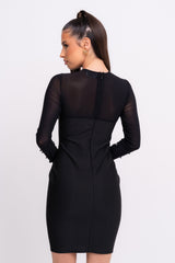 Liberty Black Sheer Neckline Diamante Bandage Long-sleeve Bodycon Dress