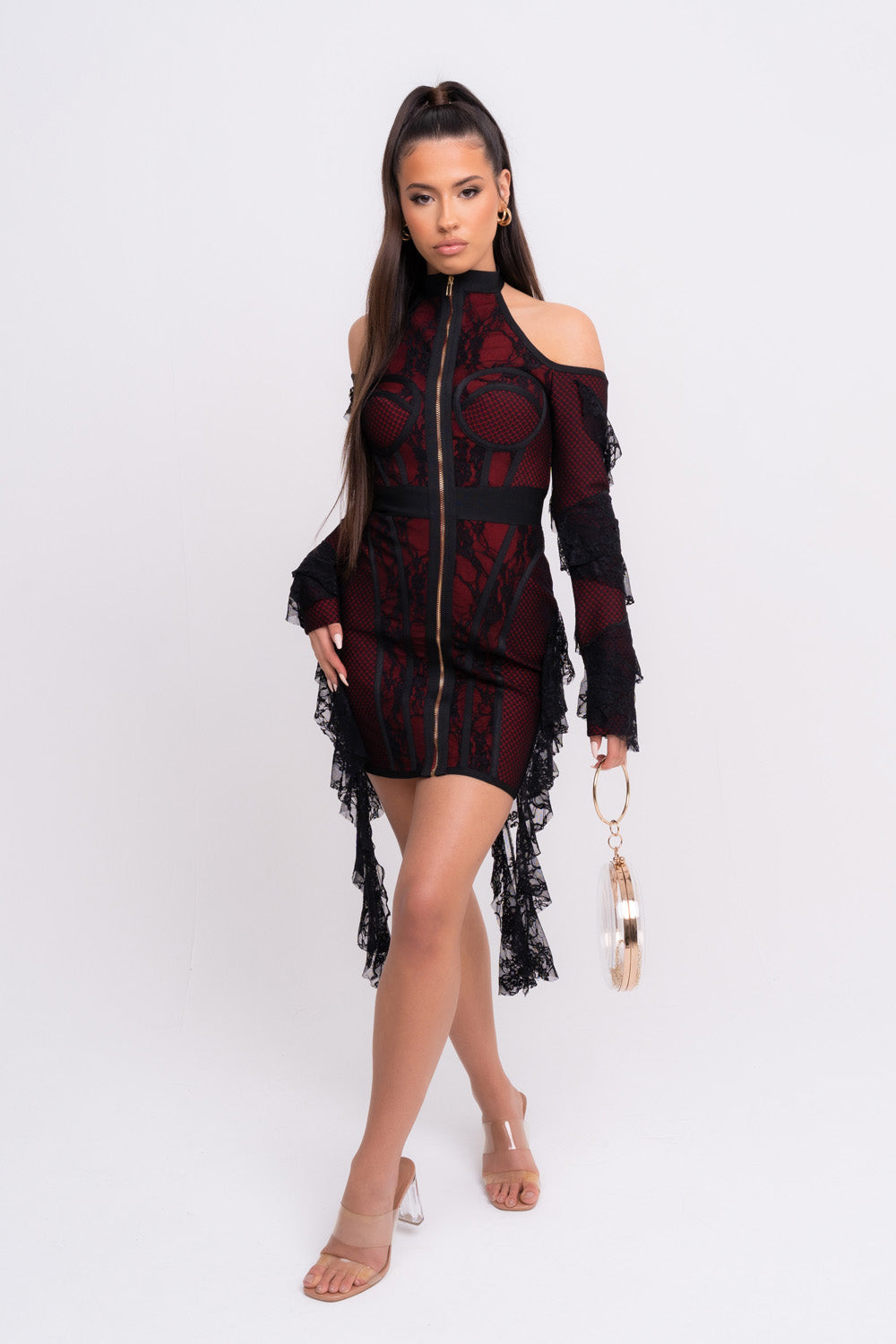 Stormy VIP Luxe Black and Red Ruffle Lace Bandage Bodycon Dress