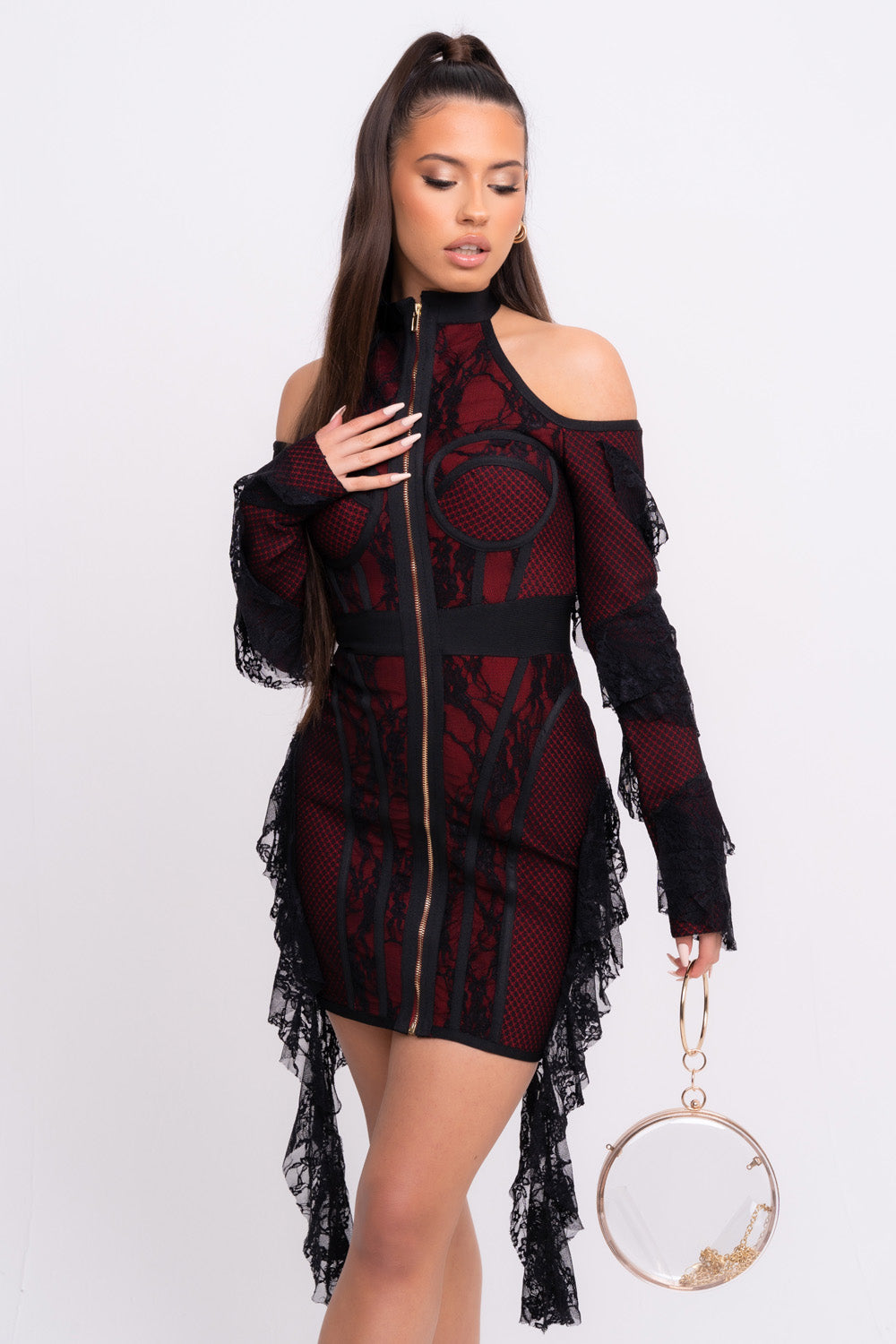 Stormy VIP Luxe Black and Red Ruffle Lace Bandage Bodycon Dress