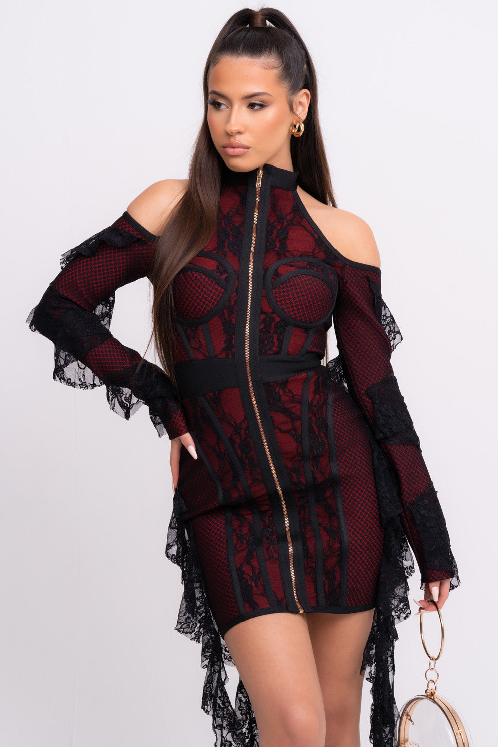 Stormy VIP Luxe Black and Red Ruffle Lace Bandage Bodycon Dress