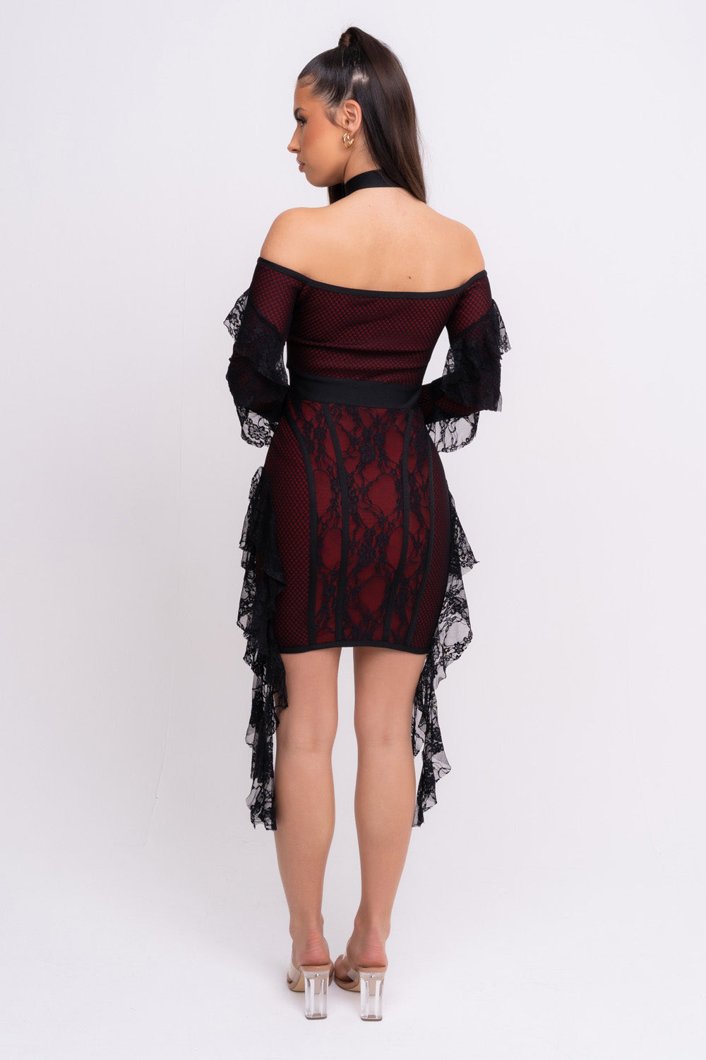 Stormy VIP Luxe Black and Red Ruffle Lace Bandage Bodycon Dress