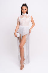 Pixie White and Silver Lace Embroidered Appilque Tassel Bodysuit Dress