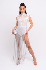 Pixie White and Silver Lace Embroidered Appilque Tassel Bodysuit Dress