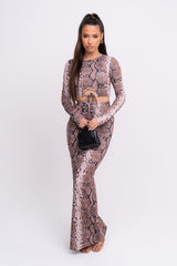 Blowing Hisses Snakeskin Print Cut Out Long Sleeve Maxi Skirt Two Piece Co ord Set