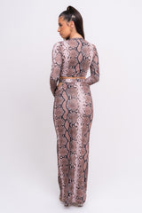Blowing Hisses Snakeskin Print Cut Out Long Sleeve Maxi Skirt Two Piece Co ord Set
