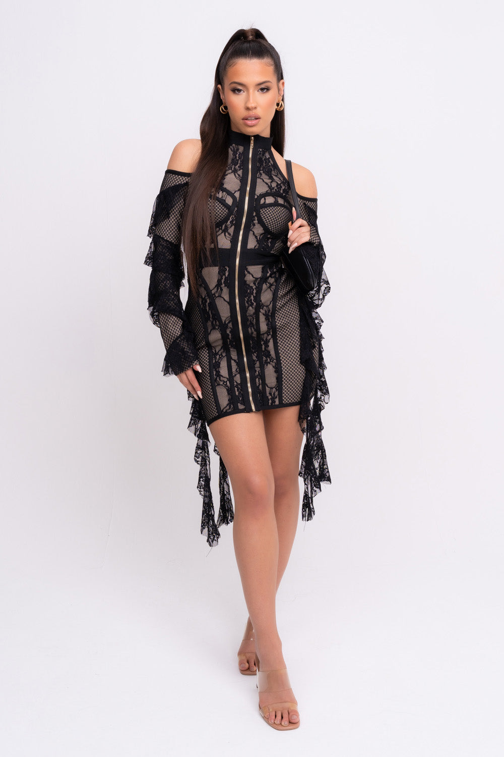 Stormy VIP Luxe Black and Nude Ruffle Lace Bandage Bodycon Dress