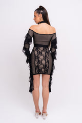 Stormy VIP Luxe Black and Nude Ruffle Lace Bandage Bodycon Dress