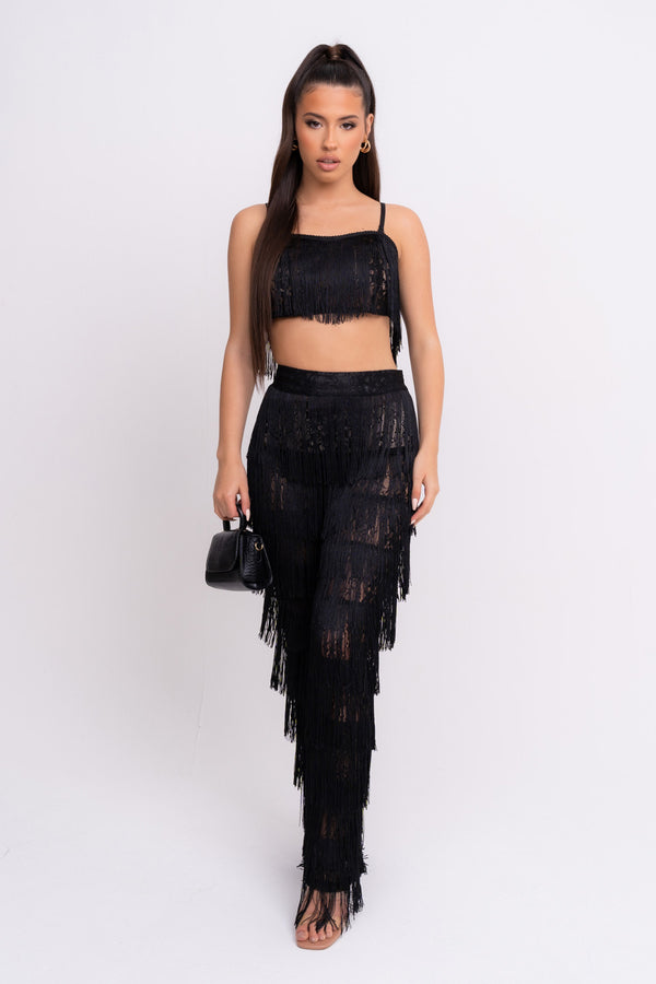Senorita Black Sheer Lace Tassel Fringe Co-ord Crop Top Trouser Set