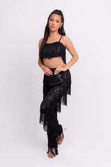 Senorita Black Sheer Lace Tassel Fringe Co-ord Crop Top Trouser Set