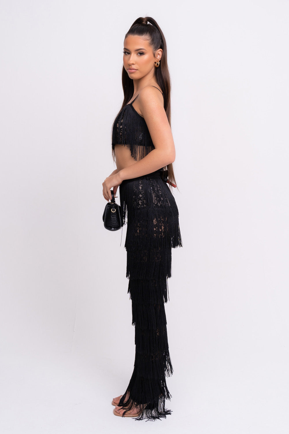 Senorita Black Sheer Lace Tassel Fringe Co-ord Crop Top Trouser Set