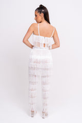 Senorita White Sheer Lace Tassel Fringe Co-ord Crop Top Trouser Set