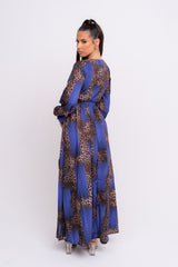 Wild Love Royal Blue & Leopard Print Plunge Long Sleeve Double Slit Maxi Dress