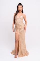 Magestic Premium Golden Holographic Strappy Ruched Drawstring Slit Plunge Sequin Maxi Dress