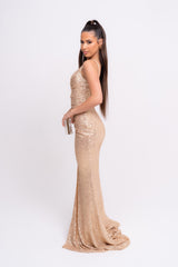 Magestic Premium Golden Holographic Strappy Ruched Drawstring Slit Plunge Sequin Maxi Dress