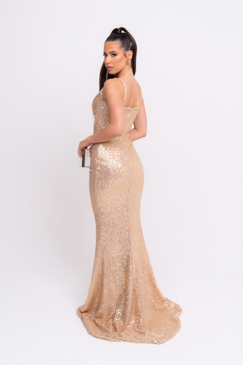 Magestic Premium Golden Holographic Strappy Ruched Drawstring Slit Plunge Sequin Maxi Dress