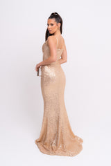 Magestic Premium Golden Holographic Strappy Ruched Drawstring Slit Plunge Sequin Maxi Dress