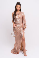 Halo Premium Rose Gold One Shoulder Kimono Sleeve Sequin Slit Maxi Dress