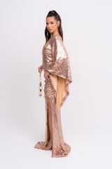 Halo Premium Rose Gold One Shoulder Kimono Sleeve Sequin Slit Maxi Dress