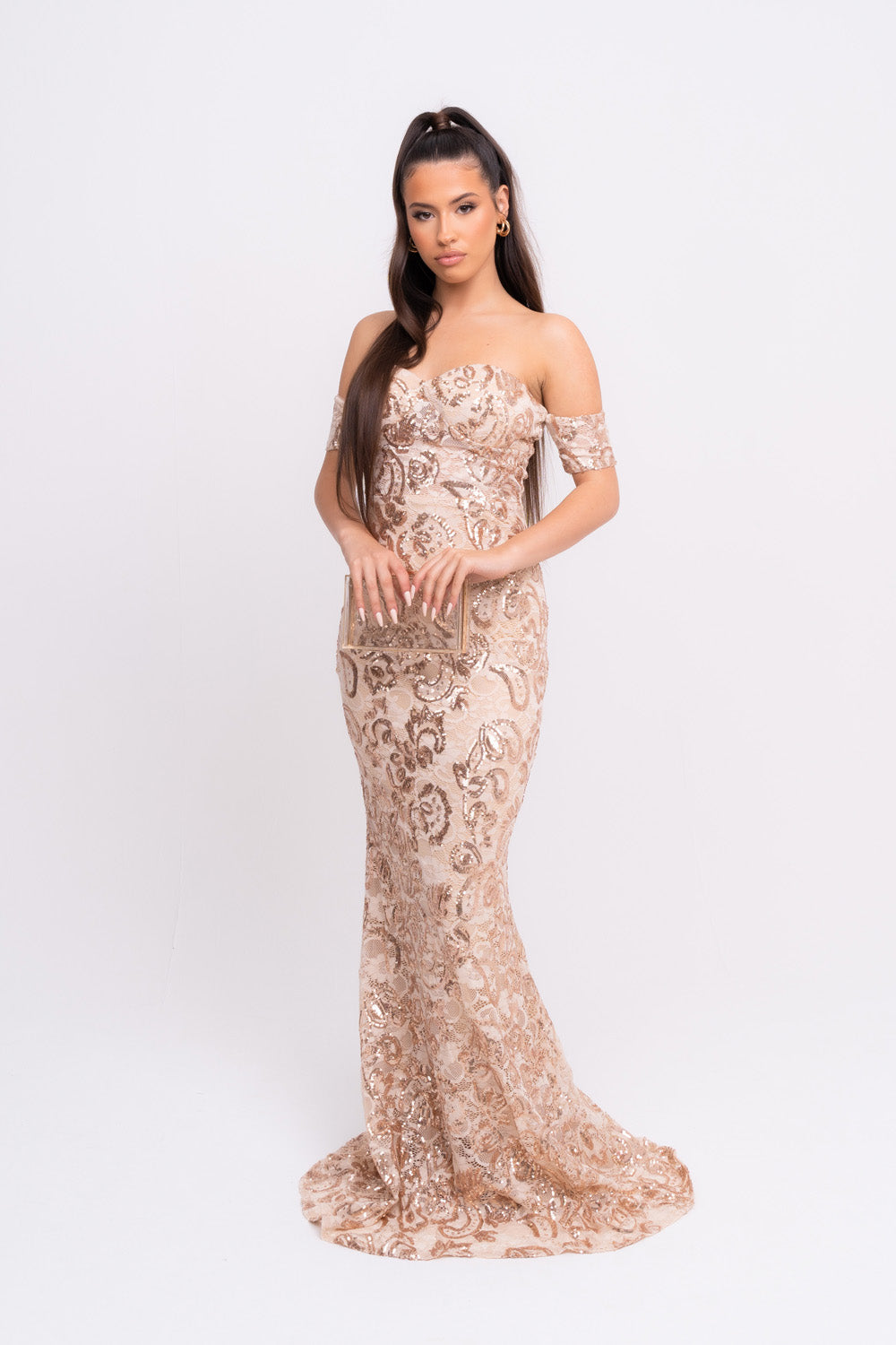 Daydreamer Rose Gold Floral Lace Sequin Embellished Off The Shoulder Bardot Cuff Maxi Dress