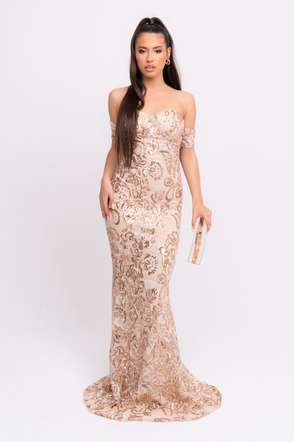 Daydreamer Rose Gold Floral Lace Sequin Embellished Off The Shoulder Bardot Cuff Maxi Dress