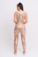 Epic Gold Luxe Deep Plunge Illusion Tie Sequin Mesh Embellished Jumpsuit