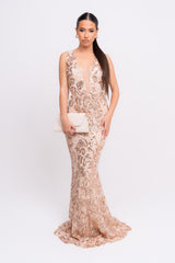 Flora Rose Gold Luxe Deep Plunge Tie Side Floral Lace Sequin Embellished Maxi Dress