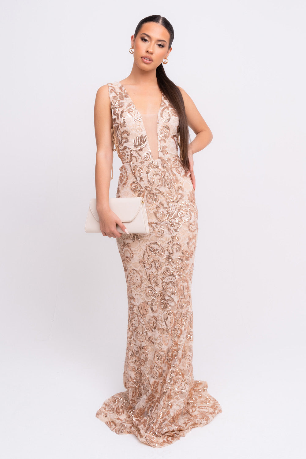 Flora Rose Gold Luxe Deep Plunge Tie Side Floral Lace Sequin Embellished Maxi Dress