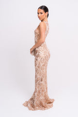 Flora Rose Gold Luxe Deep Plunge Tie Side Floral Lace Sequin Embellished Maxi Dress