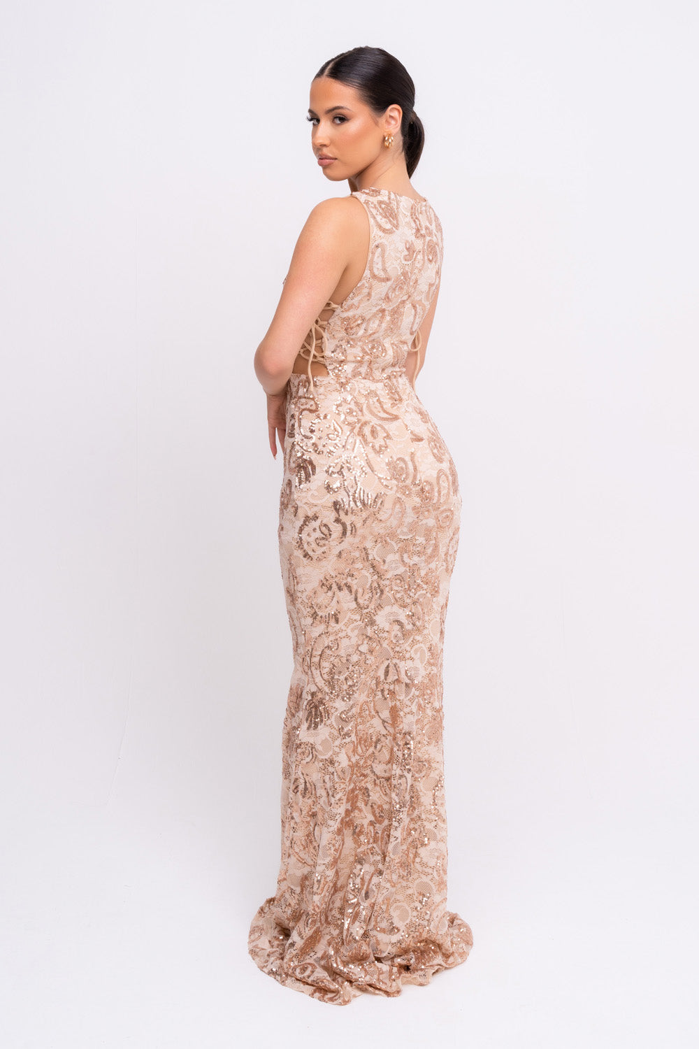 Flora Rose Gold Luxe Deep Plunge Tie Side Floral Lace Sequin Embellished Maxi Dress