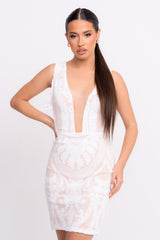 Forever White Luxe Deep Plunge Illusion Tie Side Sequin Embellished Dress