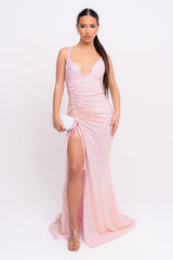 Magestic Premium Blush Pink Holographic Strappy Ruched Drawstring Slit Plunge Sequin Maxi Dress