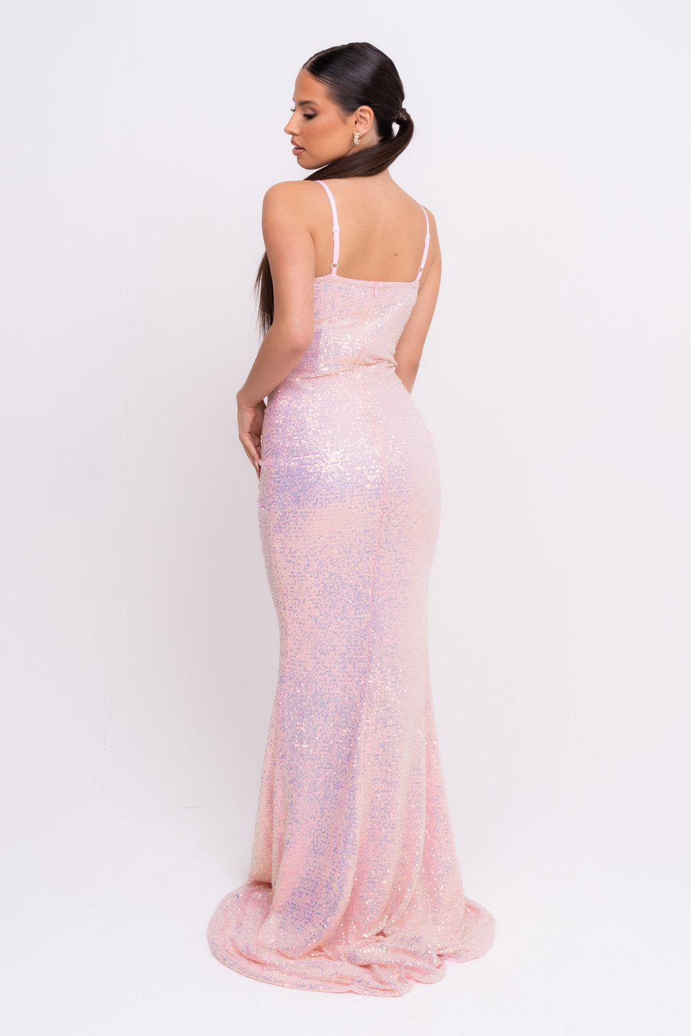 Magestic Premium Blush Pink Holographic Strappy Ruched Drawstring Slit Plunge Sequin Maxi Dress
