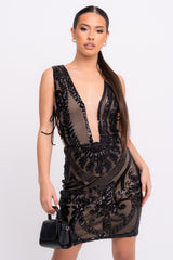 Forever Black Luxe Deep Plunge Illusion Tie Side Sequin Embellished Dress