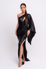 Halo Premium Black One Shoulder Kimono Sleeve Sequin Slit Maxi Dress