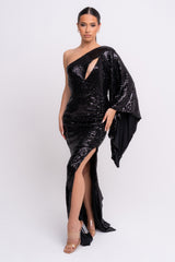 Halo Premium Black One Shoulder Kimono Sleeve Sequin Slit Maxi Dress