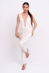 Epic White Luxe Deep Plunge Illusion Tie Sequin Mesh Embellished Jumpsuit