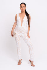 Epic White Luxe Deep Plunge Illusion Tie Sequin Mesh Embellished Jumpsuit