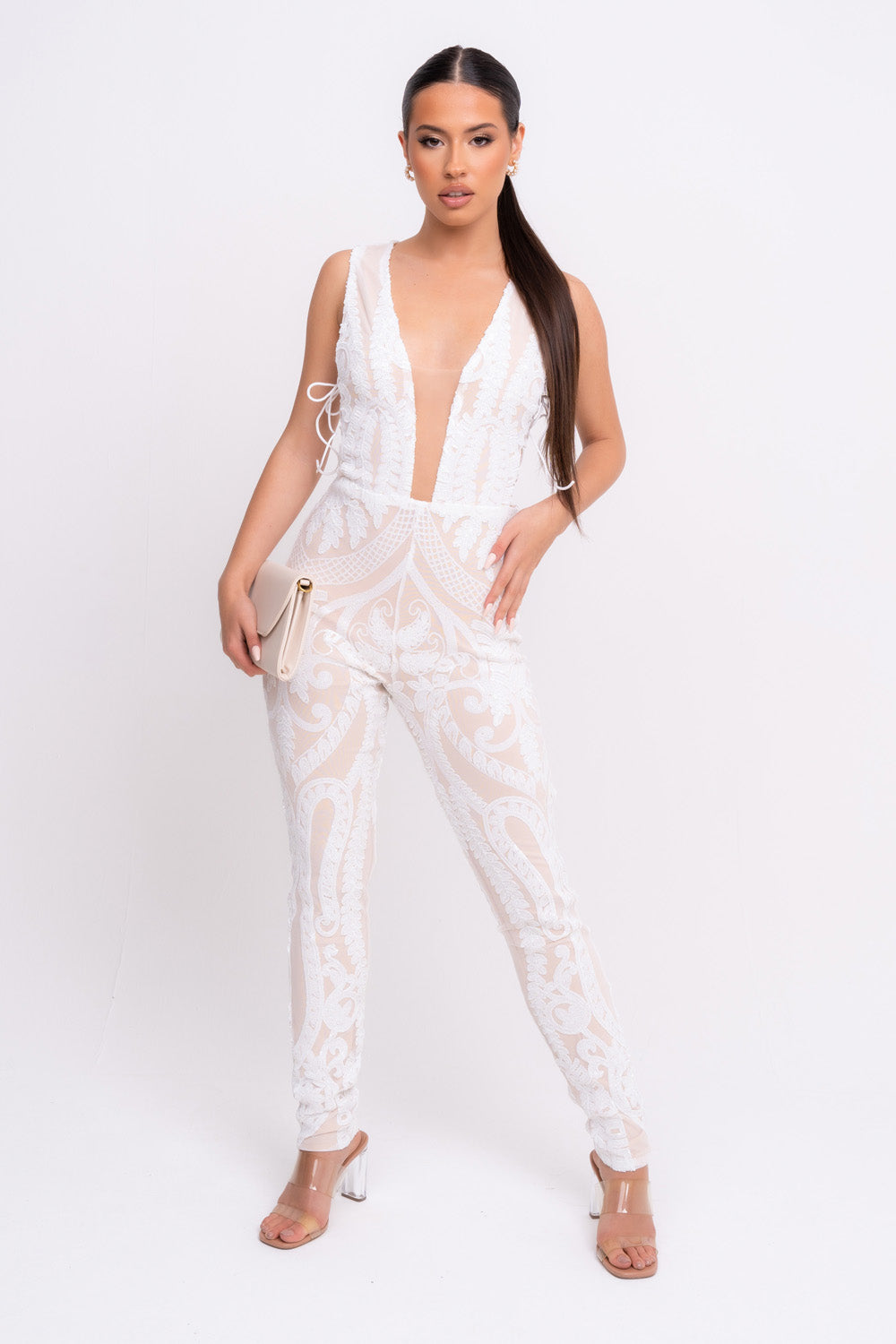 Epic White Luxe Deep Plunge Illusion Tie Sequin Mesh Embellished Jumpsuit