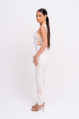 Epic White Luxe Deep Plunge Illusion Tie Sequin Mesh Embellished Jumpsuit