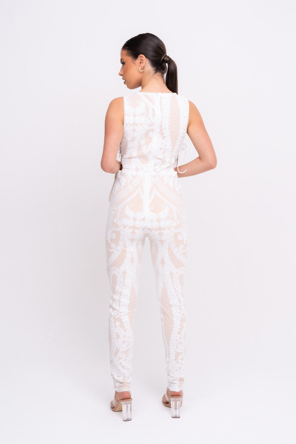 Epic White Luxe Deep Plunge Illusion Tie Sequin Mesh Embellished Jumpsuit