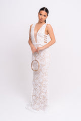 Flora White Luxe Deep Plunge Tie Side Floral Lace Sequin Embellished Maxi Dress